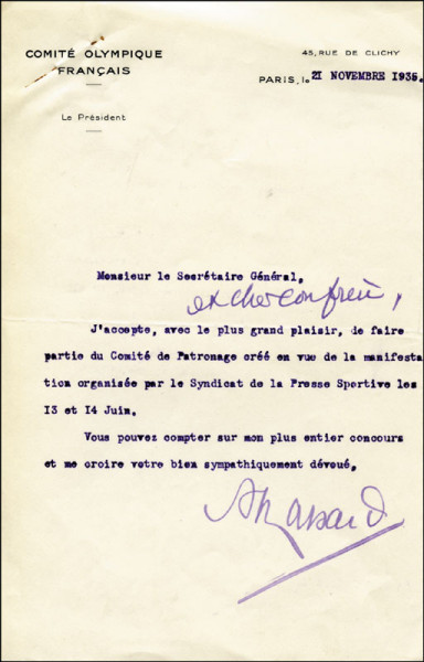 Massard, Armand: Autograph Olympic Games 1920 fencing France
