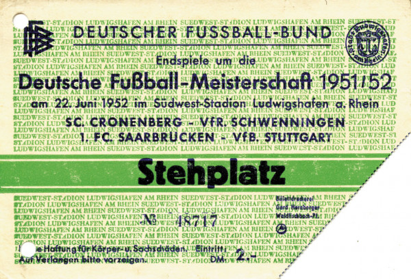 1.FC Saarbrücken - VfB Stuttgart 22.06.1952, Eintrittskarte DM1952