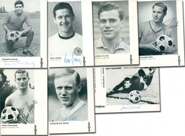 DerbyStar-Sammelkarten: 7 s/w-Autogrammkarten der Firma Derby Star ca. 196