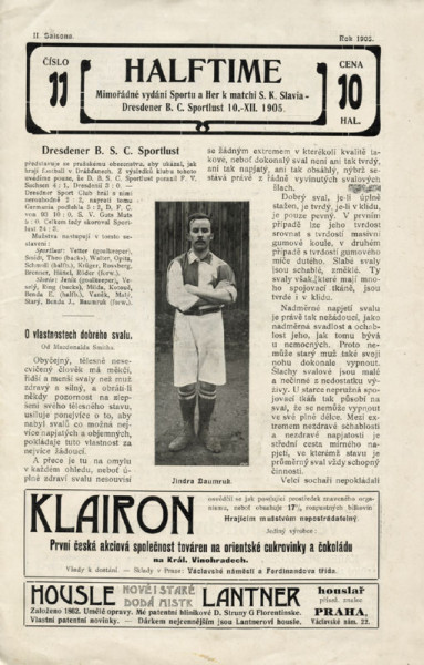 Fußballprogramm vom Spiel Slavia Prag v Dresdner BC am 10.12.1905 in Prag. In der Zeitschrift Halfti