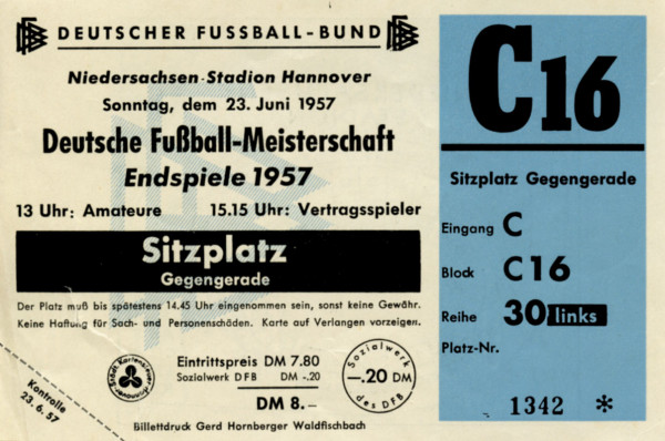 Borussia Dortmund - Hamburger SV Finale 23.06.1957, Eintrittskarte DM1957