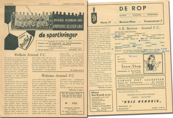 Offizielles Fußball Programm Europapokal SK Beveren v Arsenal London. 16.12.1970 in Beveren (Belgien).