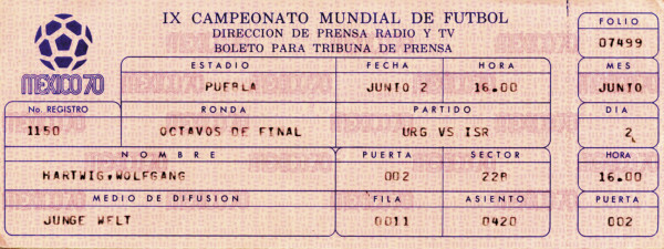 World Cup 1970. Match ticket Israel vs Uruguay