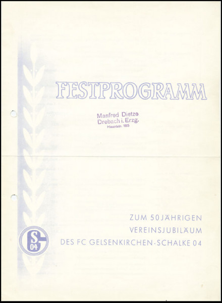 Festprogramm zum 50jährigen Vereinsjubiläum des FC Gelsenkirchen-Schalke 04.