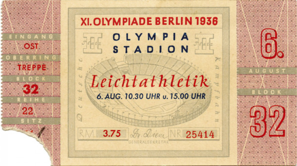Ticket athletics Olympic Games 1936 6th august