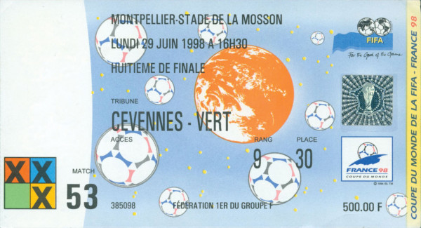 1/8 Finale Montpellier 29.6.98. Deutschland - Mexi, Eintrittskarte WM1998