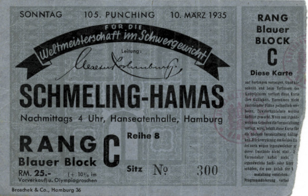 Boxing Ticket 1935 Heavyweight Schmeling v Hamas