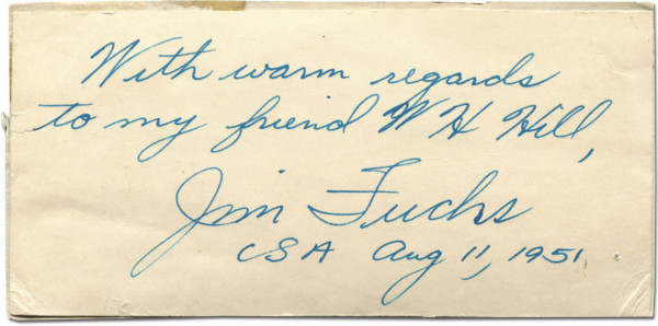 Fuchs, James "Jim": Zettel mit Originalsignatur