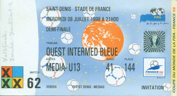 Halbfinale Ticket WM Frankreich 1998., Eintrittskarte WM1998