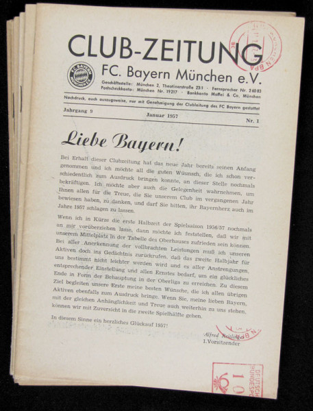 Clubzeitung des F.C. Bayern München e.V. Januar 1957 bis Dezember 1957 (Nr.1-12 in 9 Heften).