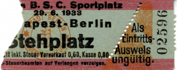 Städtespiel Budapest - Berlin 29.6.1933, Eintrittskarte 1933