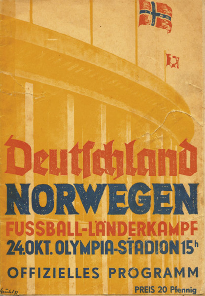 Deutschland - Norwegen Fussball-Länderkampf in Berlin 24.10.1937. Offizielles Programm