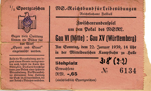 Gau VI (Mitte) - Gau XV (Württemberg) 22.01.1939, Eintrittskarte 1939