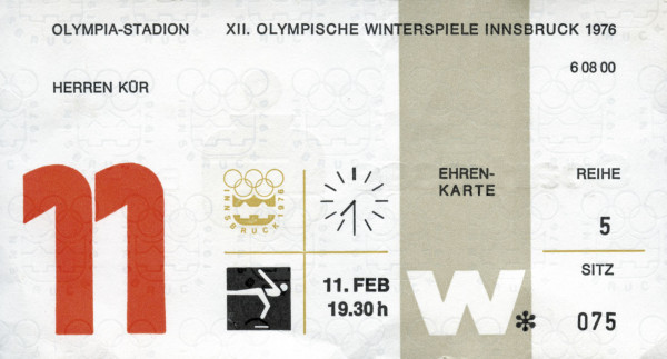 EHRENKARTE Eiskunstlaufen Herren Kür 11.02.1976, Eintrittskarte OSW1976