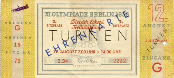 Ehrenkarte Turnen, 12. August, Eintrittskarte OSS1936