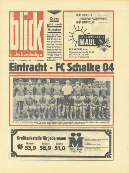 Bundesligaspiel Eintracht Frankfurt - FC Schalke 04 vom 9.12.1967. Programm "Blick in die Bundesliga