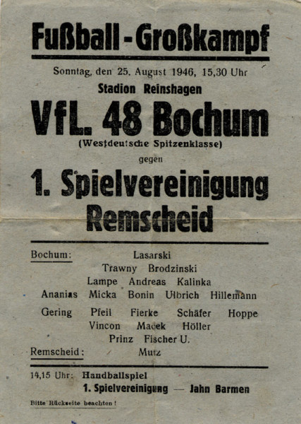 Fußball-Großkampf VfL Bochum - 1.Svgg Remscheid, 25.8.1946 in Remscheid. Offizielles Programm