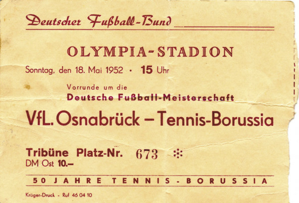 German Football Ticket 1952 Berlin v Osnabrueck