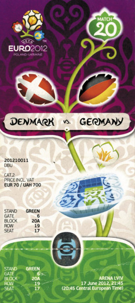 UEFA Euro 2012. 2 Tickets Germany v Denmark