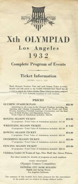Xth Olympiad Los Angeles 1932. Complete Program of Events. Ticket Information.