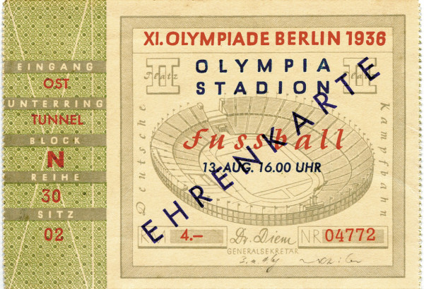 Fußball "Ehrenkarte" 13.August 1936, Eintrittskarte OSS1936