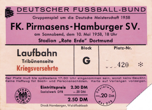 FK Pirmasens - Hamburger SV 10.05.1958, Eintrittskarte DM1958