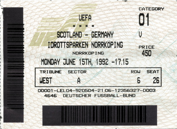 Ticket UEFA Euro 1992. Germany v Scotland