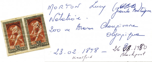 Morton, Lucy: (1898-1980) 2 Briefmarken der Olympischen Spiele 1