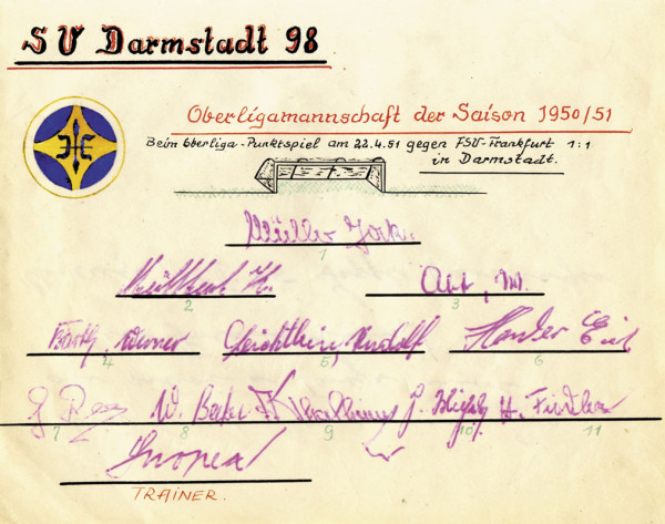 Darmstadt 98 - 1951: Blancobeleg SV Darmstadt 98, mit 12 Signaturen