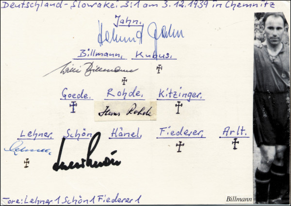 Nationalmannschaft 1939: Blancokarte mit 5 original Signaturen von deutsche