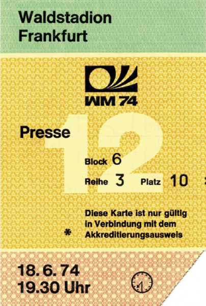 WM1974 Ticket Brasilien - Schottland 18.6., Eintrittskarte WM1974