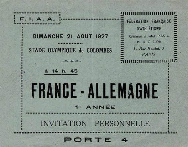 Deutschland - Frankreich 21.08.1927, Eintrittskarte-Leichtathl