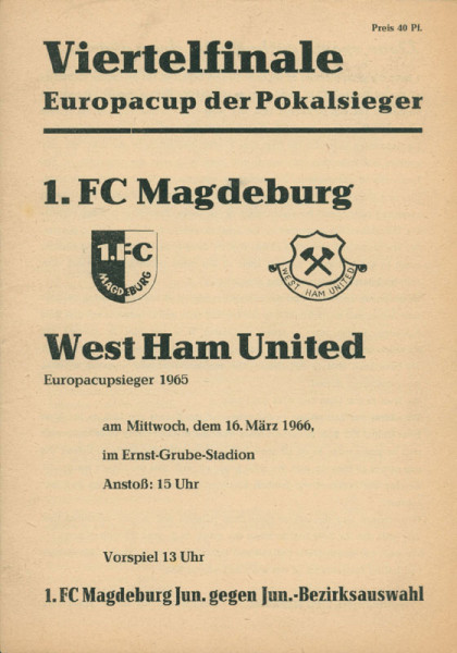1.FC Magdeburg v West Ham United. 16.03. 1966 in M, Programm EP1966
