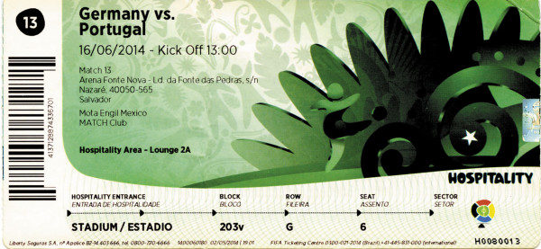 World Cup 2014. Ticket Germany v Portugal
