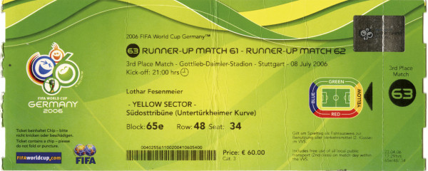 Ticket: World Cup 2006. Germany vs Portugal
