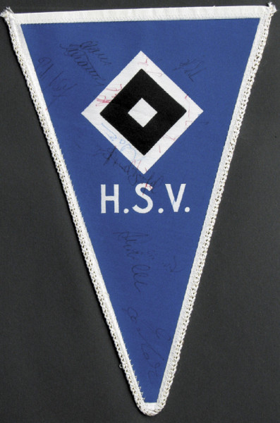 HSV - Wimpel: Signierter Wimpel "HSV" mit blauem Lederüberzug