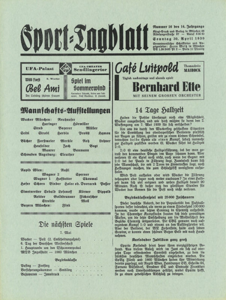 Rapid Wien - Bayern München, 30.4.1939. Fußball - Programm "Sport - Tagblatt".