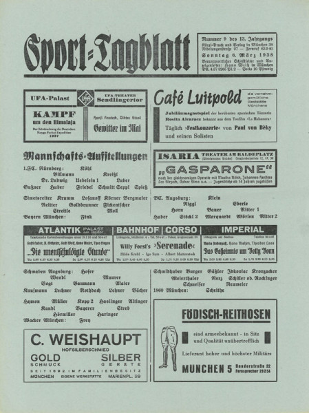 1.FC Nürnberg v Bayern München, 6.3.1938. Fußball - Programm "Sport - Tagblatt".
