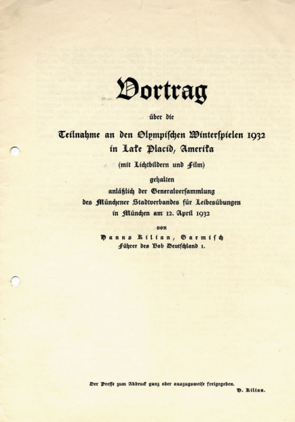 Vortrag über die Teilnahme an den Olympischen Winterspielen 1932 in Lake Placid, Amerika.