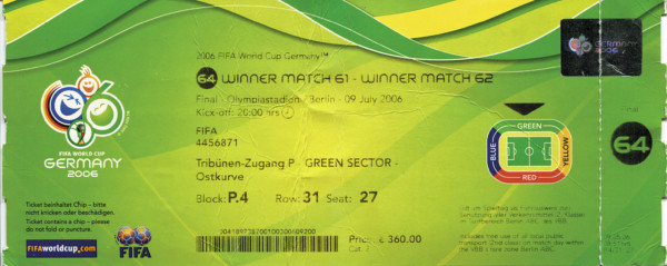 World Cup 2006. Final Ticket Italy vs France