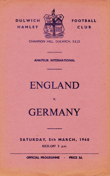 Amateur International Match England v Germany 5th march 1960. Official Programm