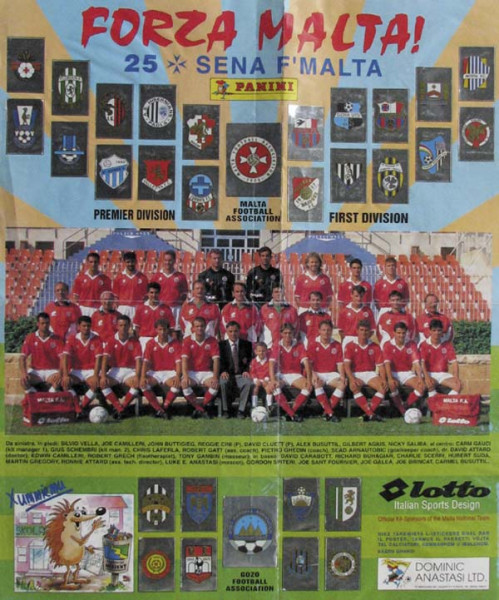 Panini Poster "Forza Malta" mit 29 Wappensticker (komplett). ca. 1997. 55,5x46,5 cm.