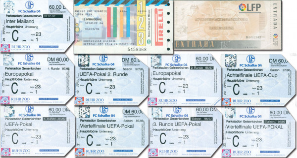 11 Tickets UEFA Cup 1996 - 1998 von Schalke 04 in, Eintrittskarte EP1997-98
