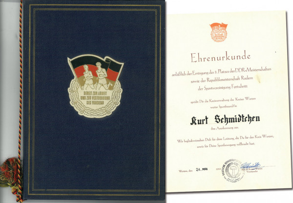 "Ehrenurkunde abläßlich der Erringung des 3.Platze, Rudern - DDR - Urkunde 1954