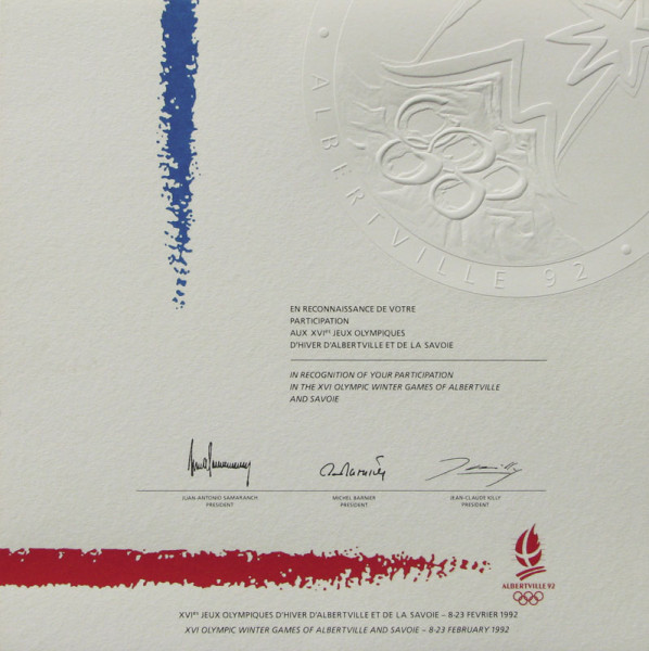 Teilnehmerdiplom 1992 Albertville, Olympiadiplom OSW1992