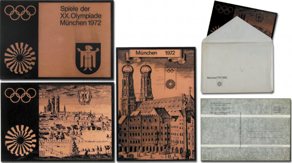 3 verschiedene Kupferpostkarten mit Olympia-Motiv, Postkarte OS1972