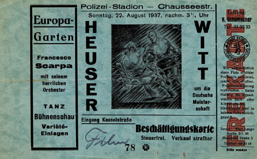 Boxing Ticket 1937 Heavywt.Fight Heuser v Witt
