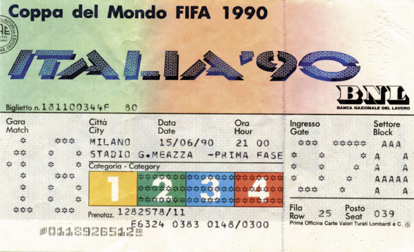World Cup 1990 Italy. Ticket Germany vs UAE