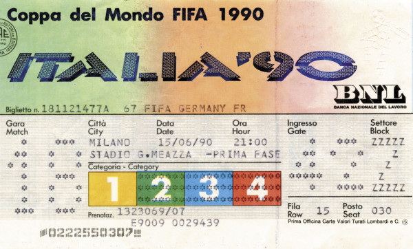 World Cup 1990 Italy. Ticket Germany vs UAE