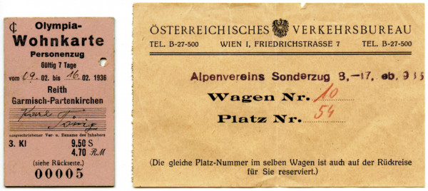 "Olympia-Wohnkarte Personenzug" 09.02.-16.02.1936, Olympia-Fahrkarte 1936